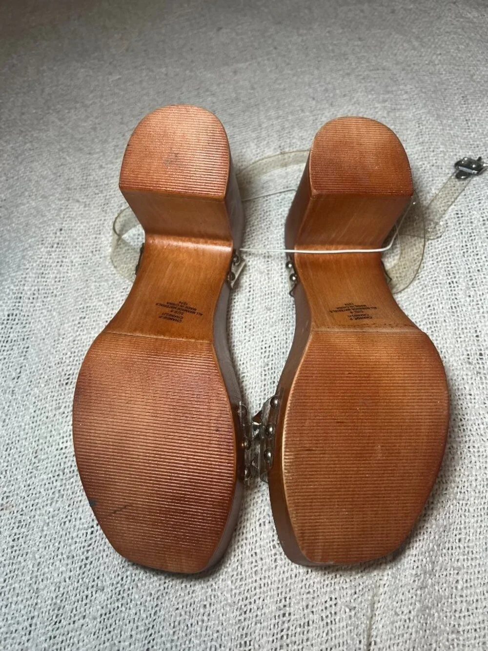 NWOT Madden Girl Clear Studded Block Heel Sandals Wood Look, Size 8 Women's PVC